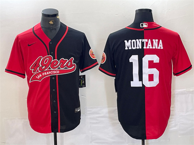 Men's San Francisco 49ers #16 Joe Montana Red/Black Split With Patch Cool Base Stitched Baseball Jersey Men's San Francisco 49ers #16 Joe Montana Red/Black Split With Patch Cool Base Stitched Baseball Jersey